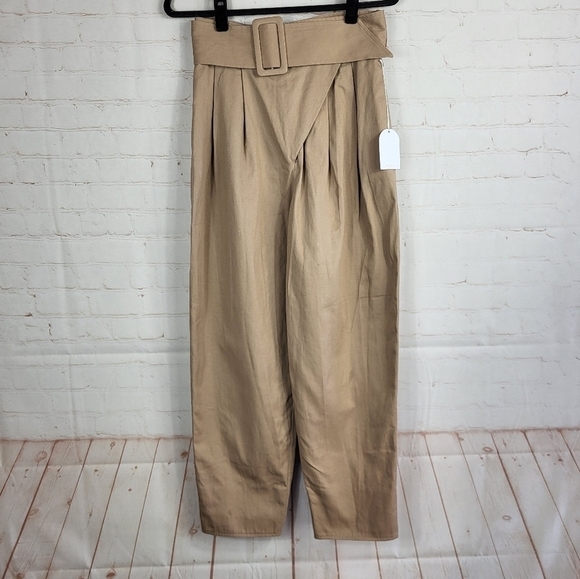 Song of Style Revolve Preppy Belted Pleated High Waist Trousers Khaki Beige M - Picture 3 of 15